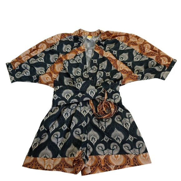 Agua Bendita Womens Boho Romper With Belt Peacock Feather Print Cotton Size M - Picture 2 of 11